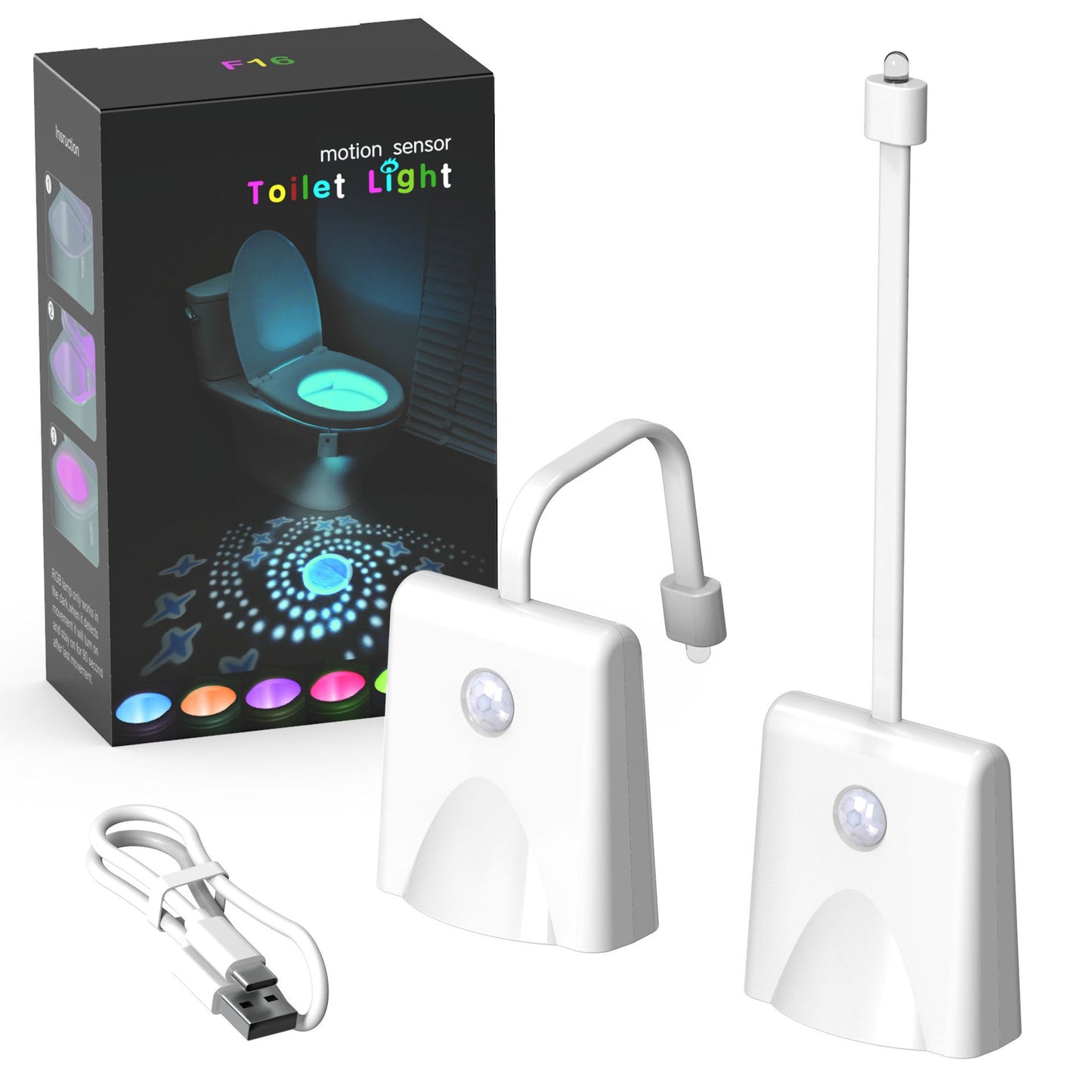 Rechargeable toilet night lamp with motion sensor and USB charging cable for home decor