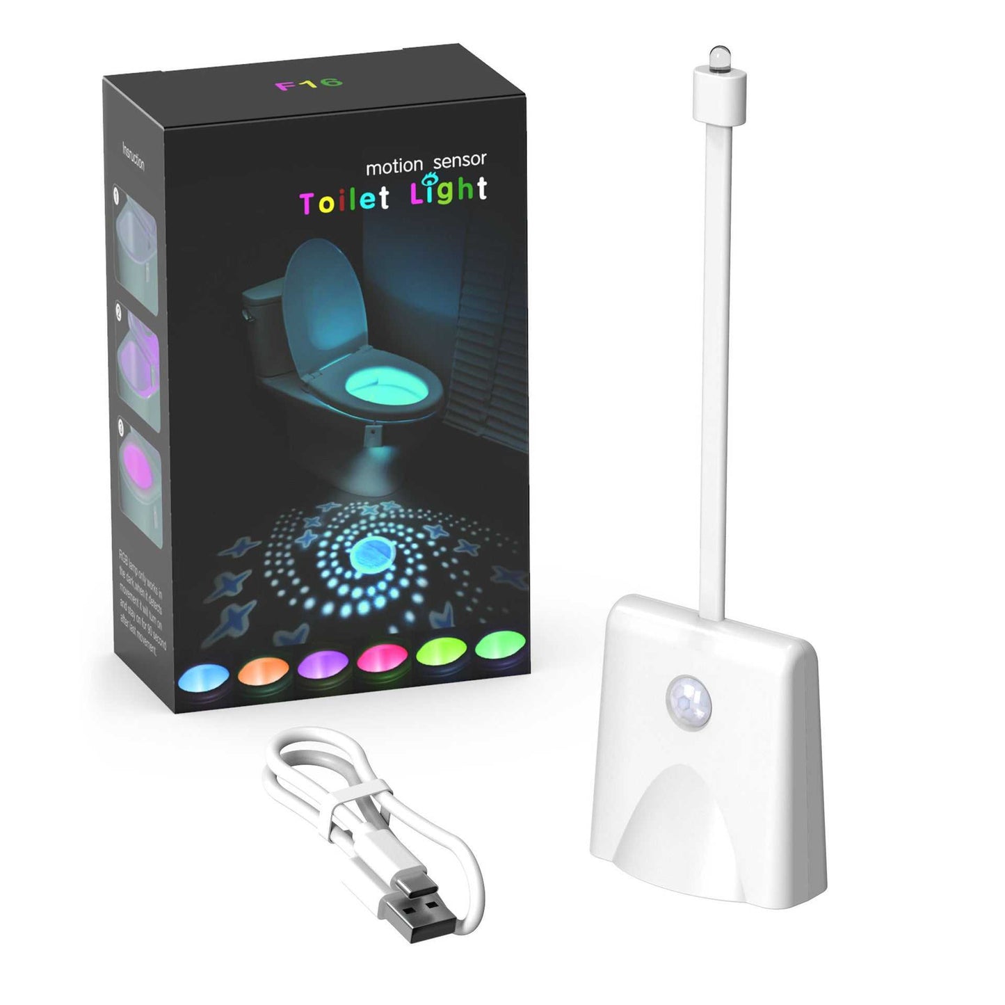 Rechargeable toilet night lamp with motion sensor and USB charging cable for home decor