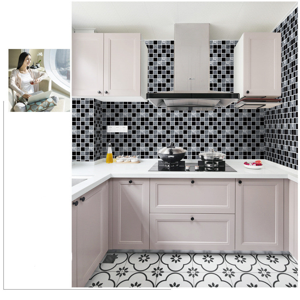 Modern kitchen with black and white mosaic kitchen bathroom tiles backsplash and light pink cabinets