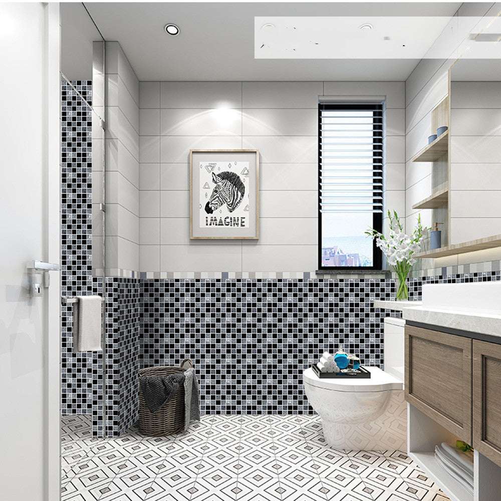 Modern bathroom with black and white mosaic kitchen bathroom tiles and geometric floor tiles