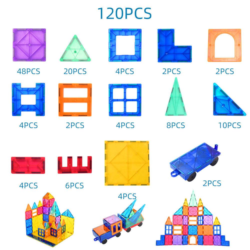120-piece set of colorful magnetic tiles building blocks with various geometric shapes for creative construction play
