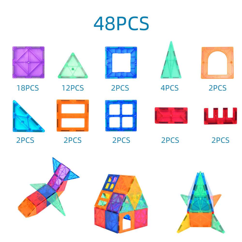 Colorful 48-piece Magnetic Tiles Building Blocks set with various shapes for kids' creative construction and brain development