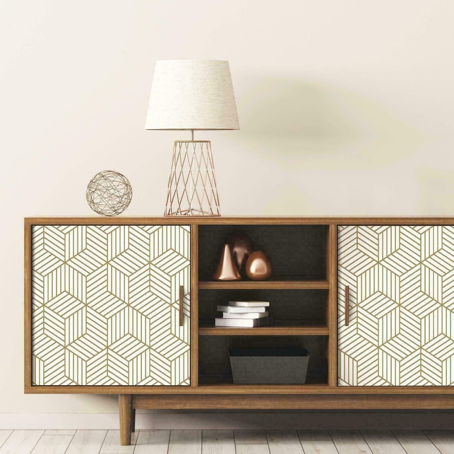Modern wooden cabinet decorated with hexagon contact paper peel and stick wallpaper featuring geometric pattern