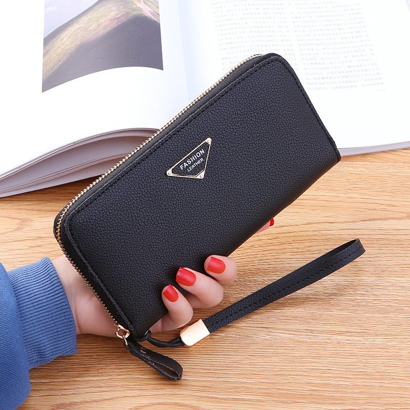 Casual single pull ladies wallet black PU leather lychee pattern with zipper clutch and wrist strap