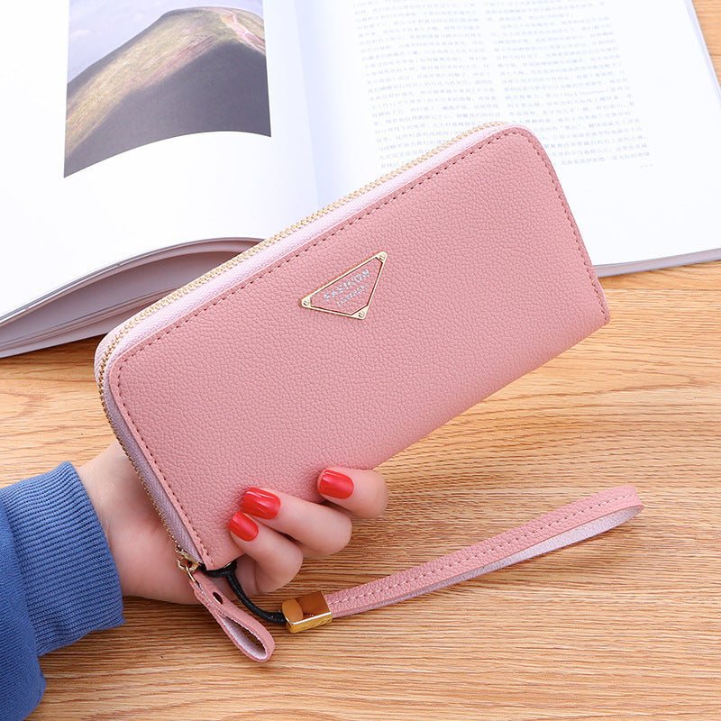 Casual single pull ladies wallet pink PU leather large capacity clutch with zipper and wrist strap