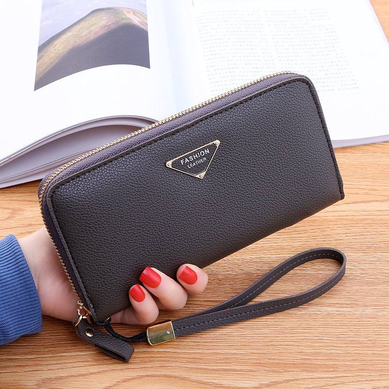 casual single pull ladies wallet black lychee pattern leather clutch with zipper and wrist strap