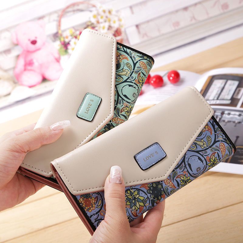 BIRDS wallet for women soft PU leather floral embroidery zipper buckle Korean style mid-length wallet