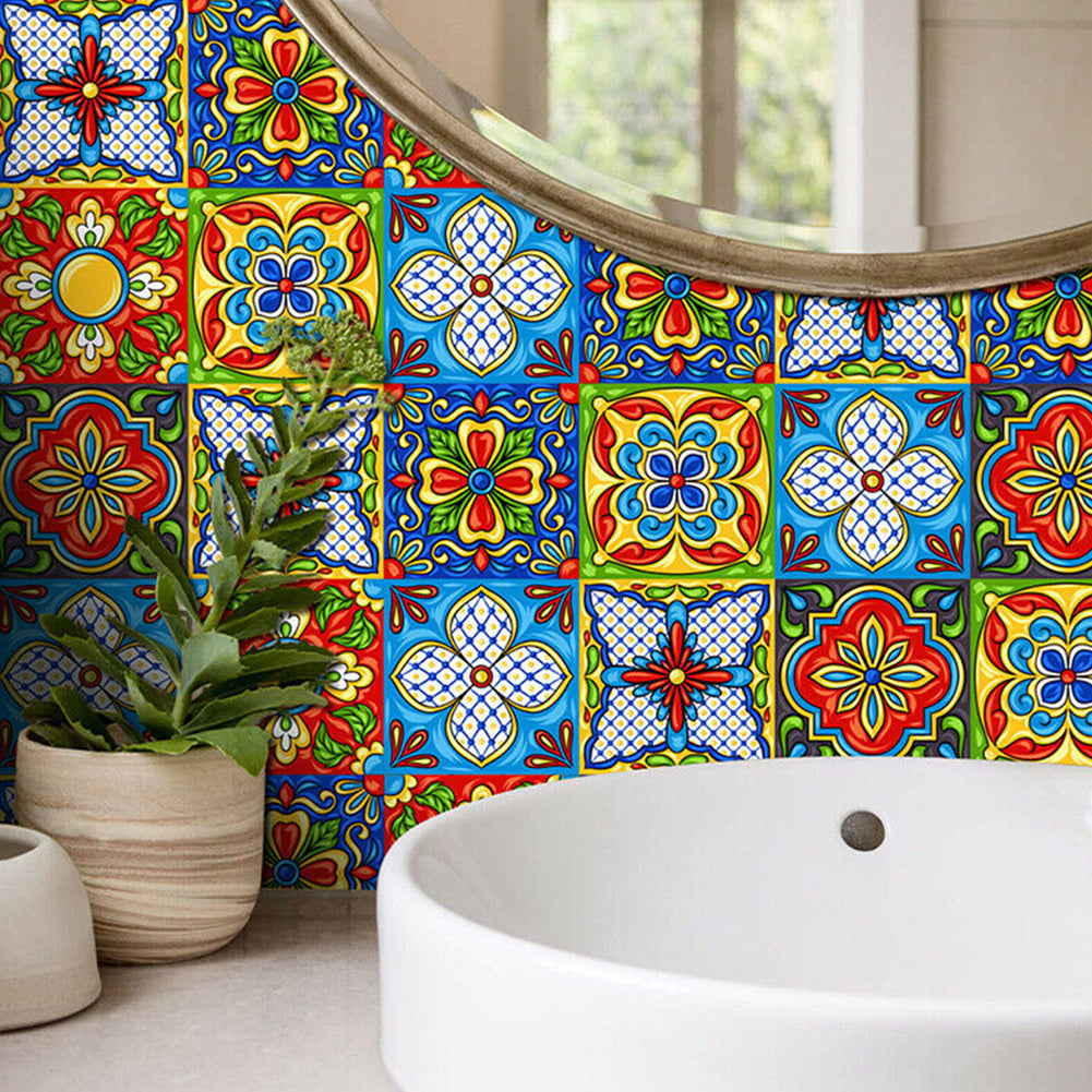 Colorful laminated mosaic tile sticker with retro geometric floral patterns in a bathroom setting
