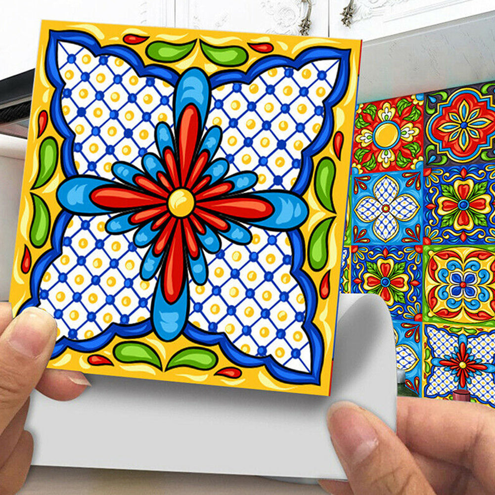 Colorful laminated mosaic tile sticker with geometric floral design for retro wall decoration