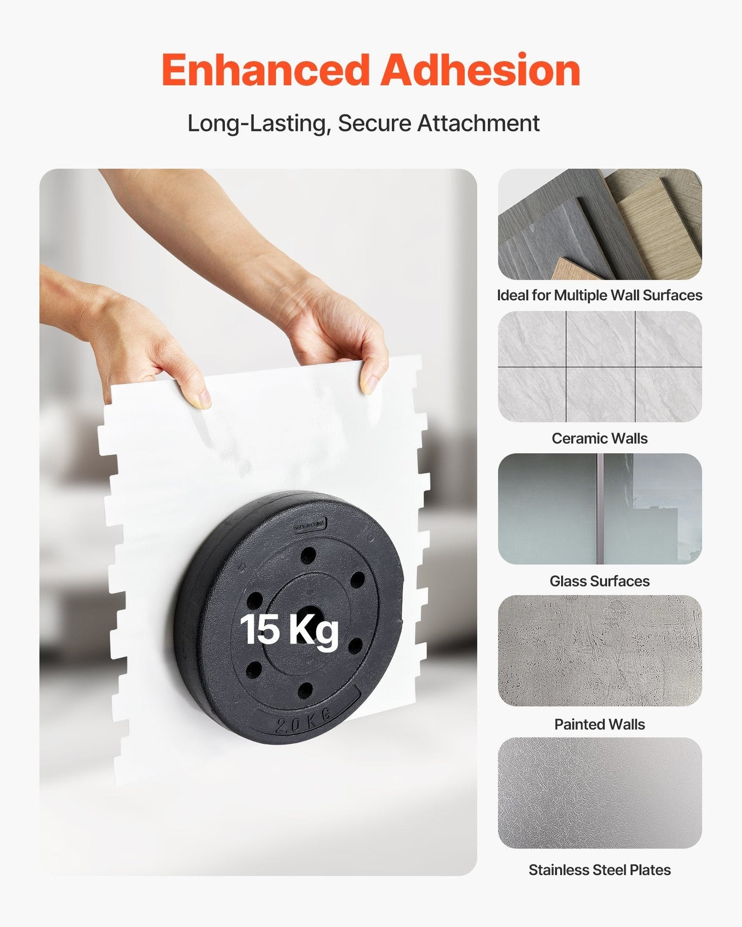 Peel and stick backsplash tile showing strong adhesion with 15kg weight on multiple wall surfaces including ceramic, glass, painted, and stainless steel