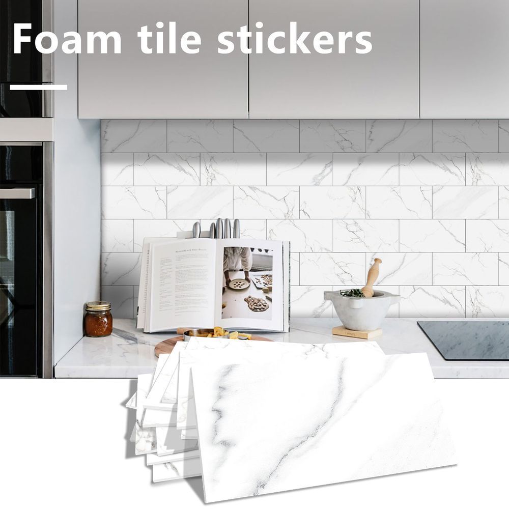 White marble look foam tile stickers applied on kitchen backsplash wall