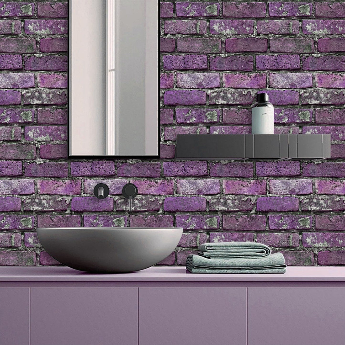 peel and stick tile purple brick wall in modern bathroom with sink and mirror