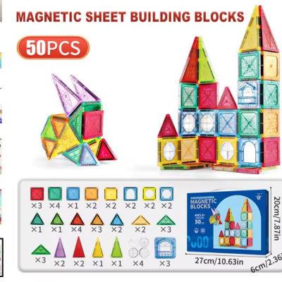 Magnetic Tiles Building Blocks set with 50 colorful ABS plastic pieces for creative 3D constructions and educational play.