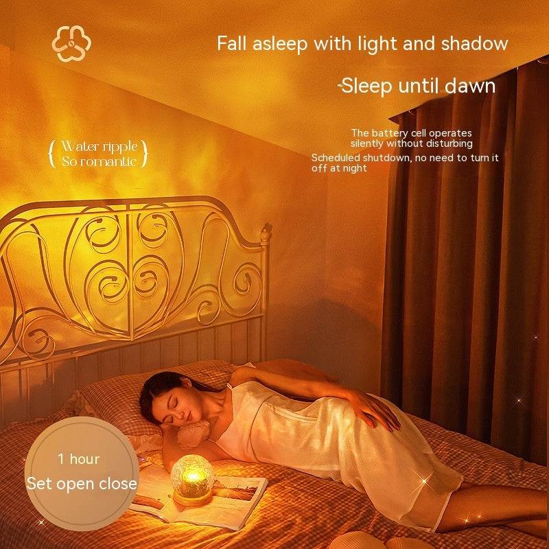 Projector small night lamp creating water ripple ambiance on bedside table for relaxing home decor