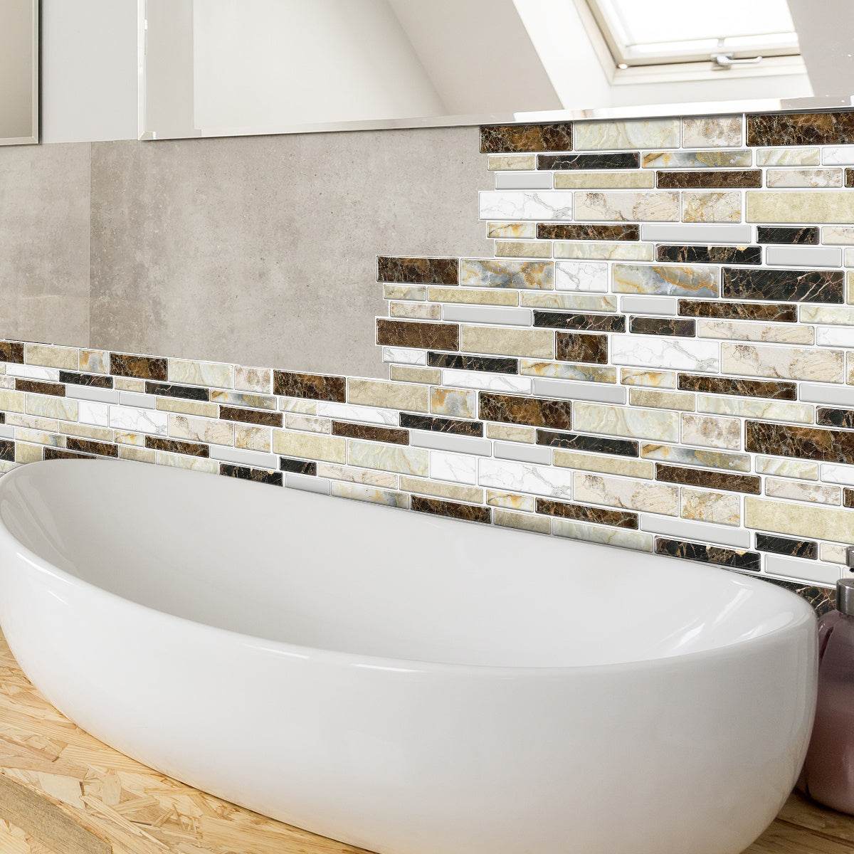 waterproof oil-proof peel and stick imitation porcelain tile backsplash in modern bathroom with white bathtub
