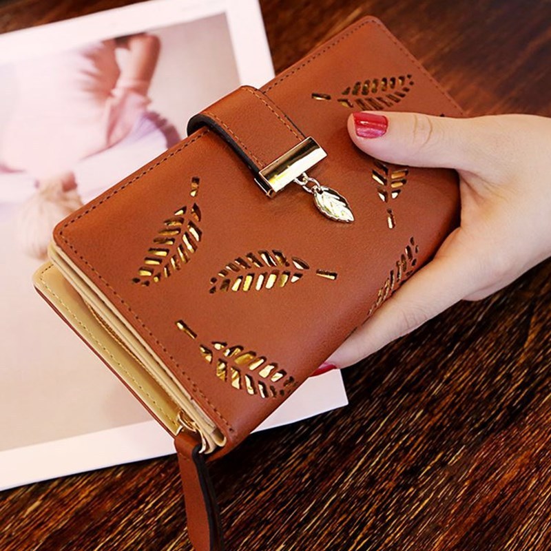 Brown leather wallet women purse with leaf cutout design and gold leaf charm closure