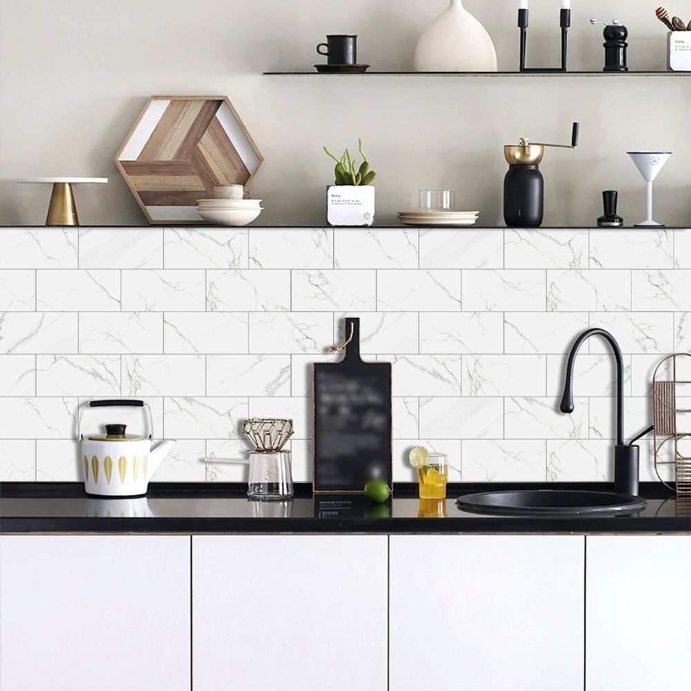 White marble look peel and paste splash-proof kitchen wall sticker tiles