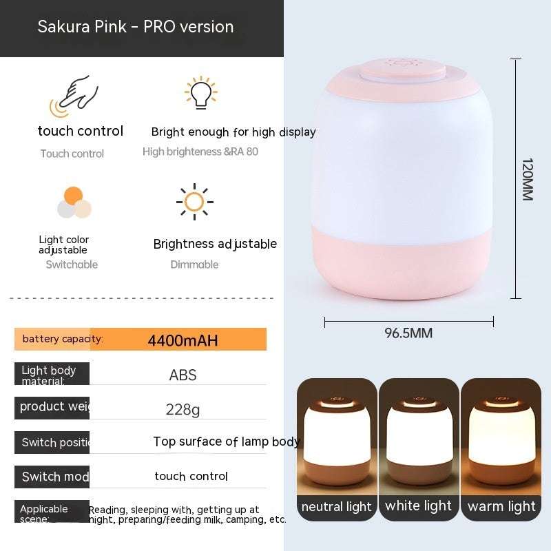 Rechargeable touch LED night lamp with adjustable brightness and color, pink ABS material, portable for home and camping use