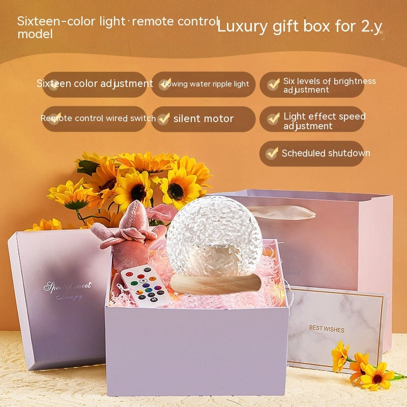Projector small night lamp with water ripple light effect, remote control, and adjustable colors in gift box