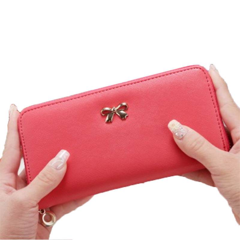 Ladies Wallet Handbag PU leather solid zipper long wallet in pink with bow detail