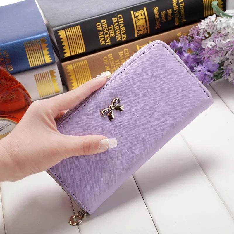 Ladies Wallet Handbag PU leather zipper wallet in light purple with bow detail