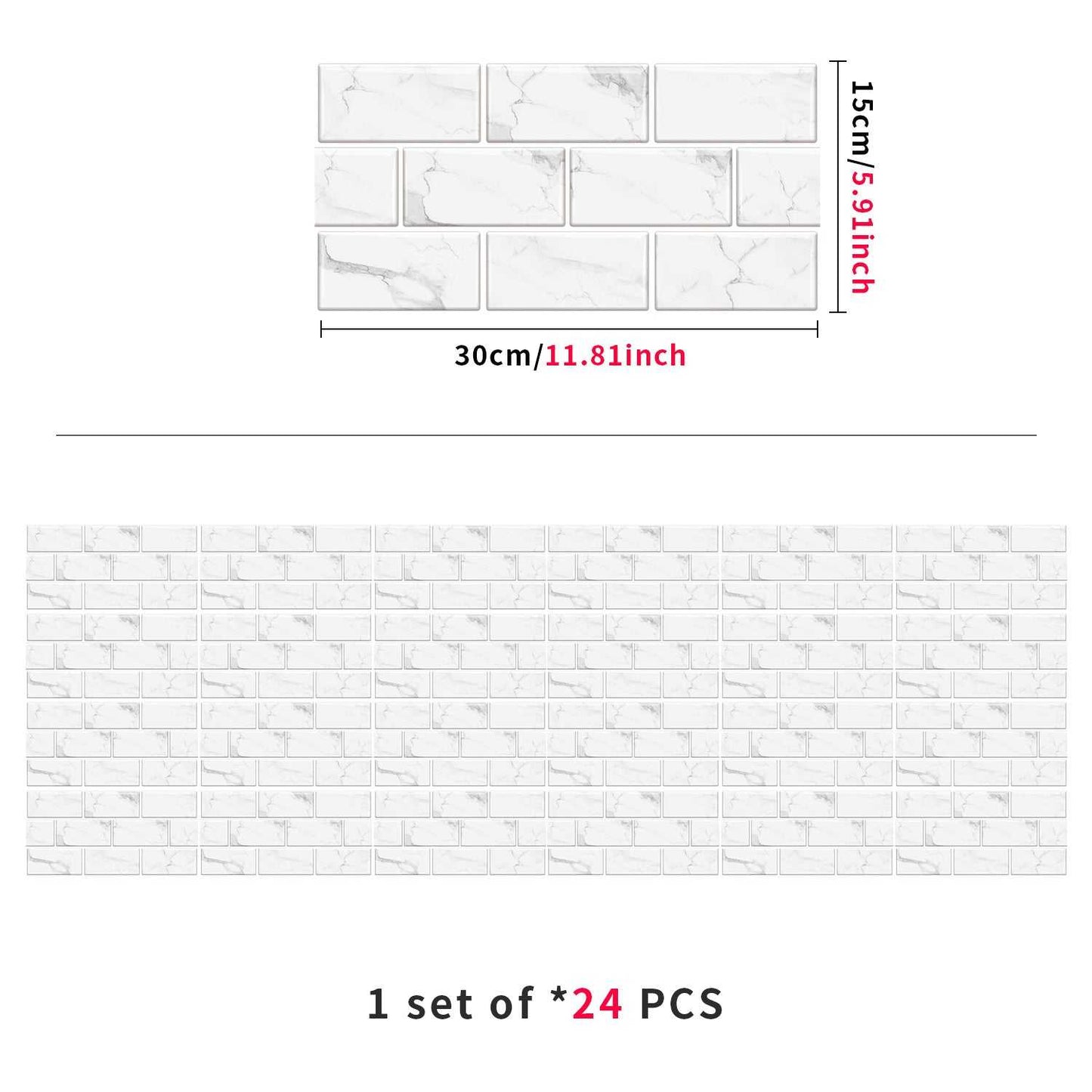 White marble look peel and stick PVC tile stickers water and oil proof 24-piece set