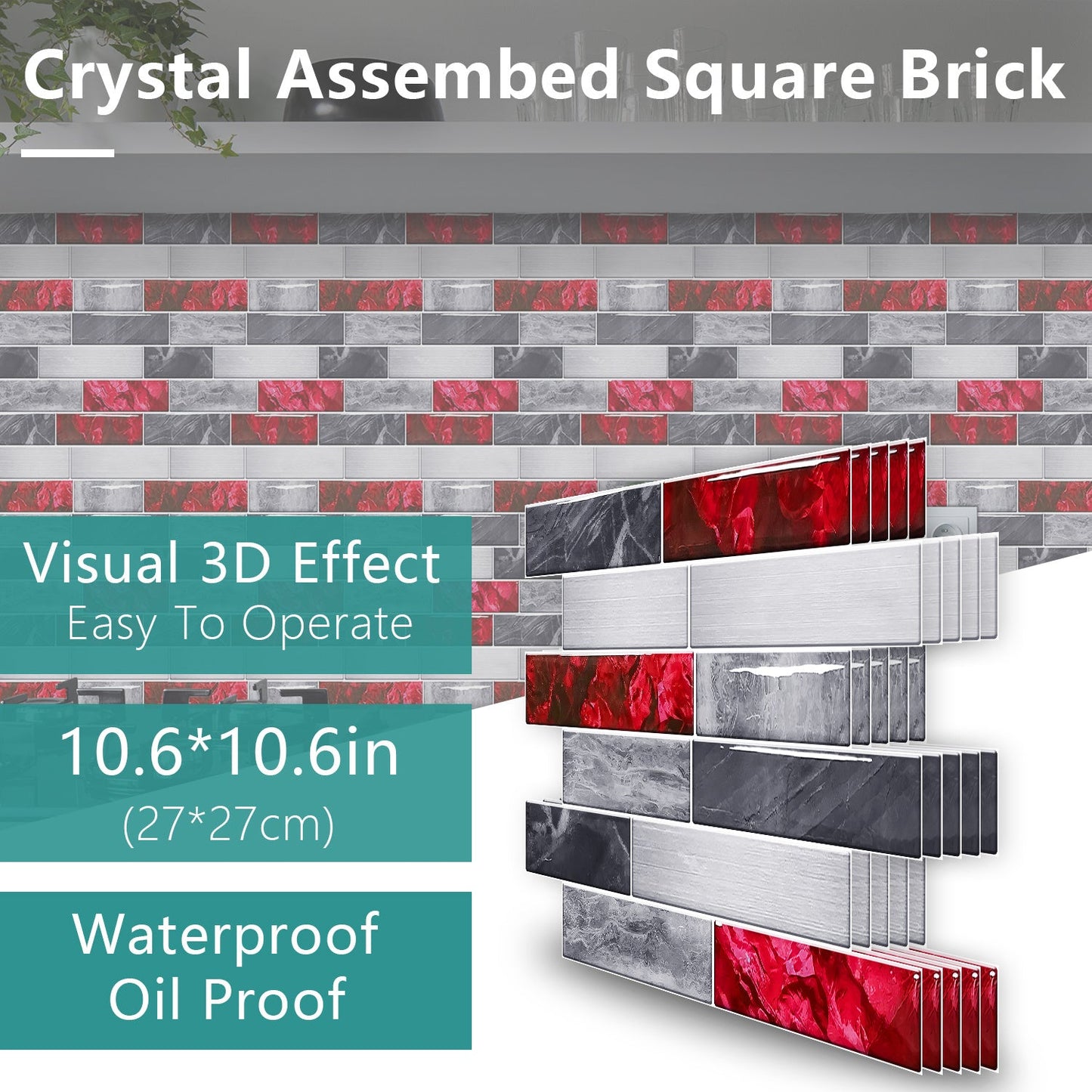 Red marble look peel and stick waterproof self-adhesive kitchen and bathroom wall tiles with 3D brick design