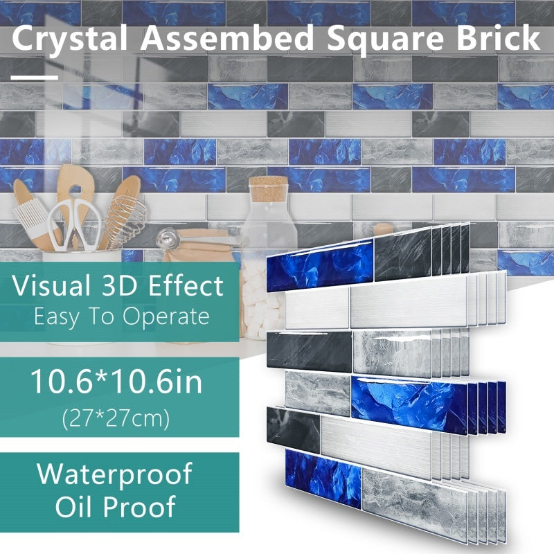 Blue grey marble effect waterproof peel and stick kitchen splashback tile with 3D visual effect and oil proof finish