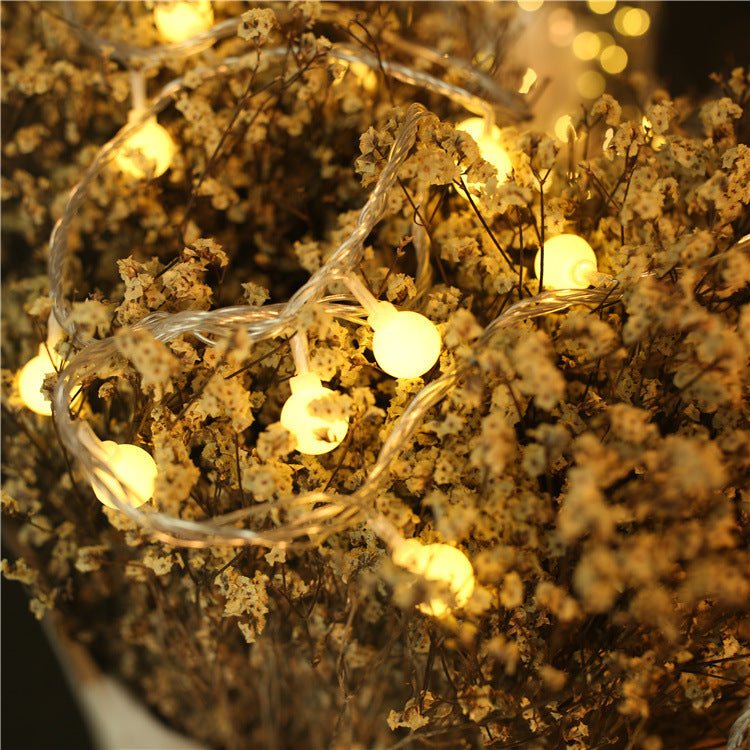 Warm white LED USB remote control string lights with small ball bulbs decorating dried flowers for Christmas ambiance