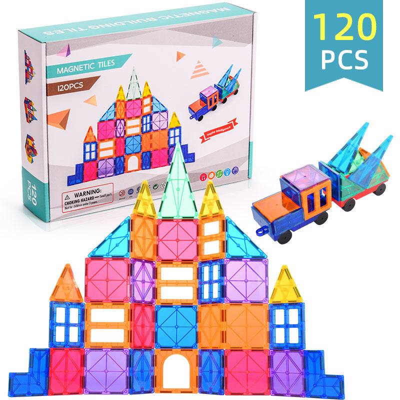 Magnetic Tiles Building Blocks set with 120 colorful pieces for creative 2D and 3D construction play