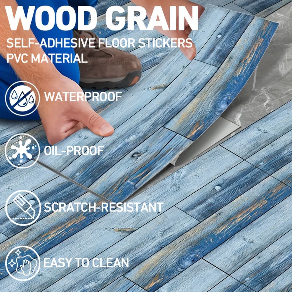 Blue wood grain self-adhesive peel and stick waterproof floor tiles with scratch-resistant PVC material.