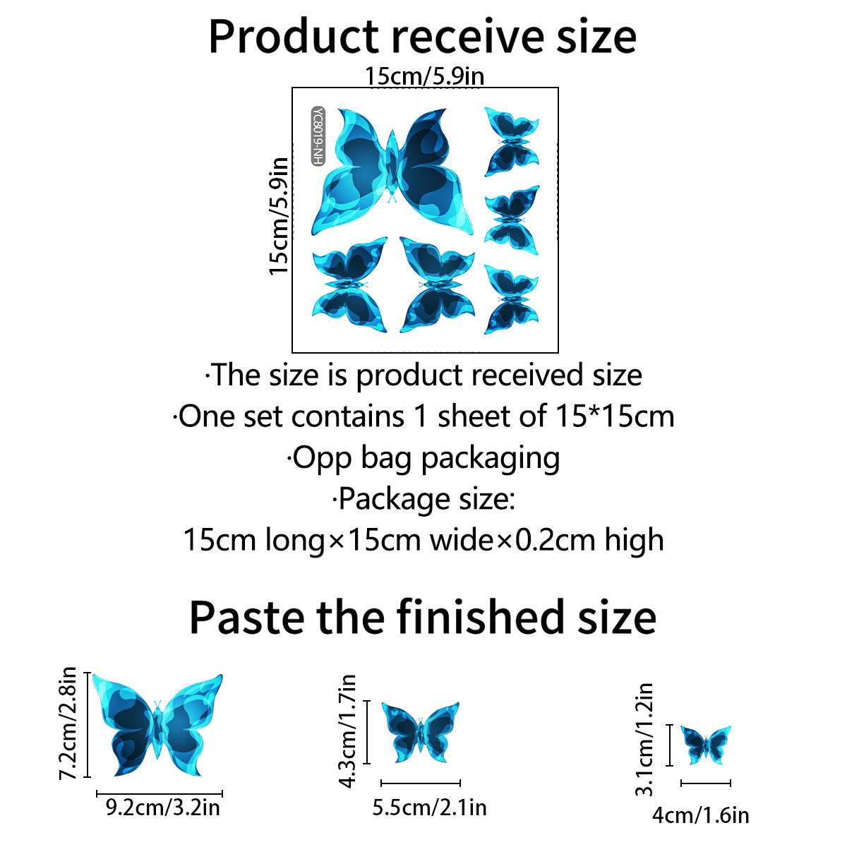 Blue luminous small butterfly wall stickers for bedroom and living room decor, PVC material, 15x15 cm sheet
