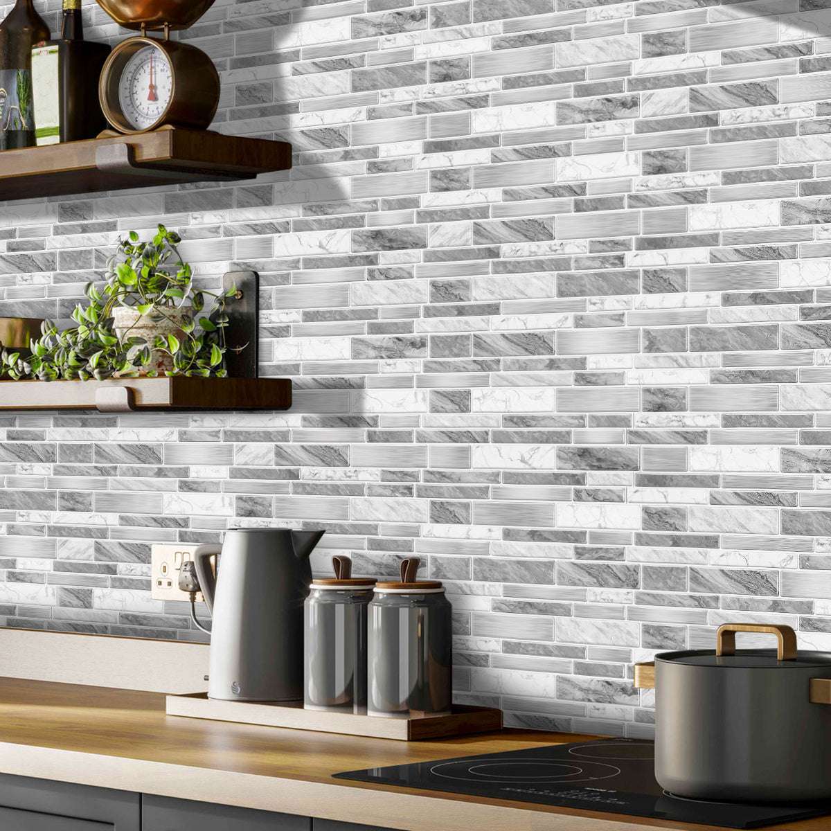 Kitchen backsplash with irregular shape modern grey marble pattern peel and stick wallpaper tile stickers