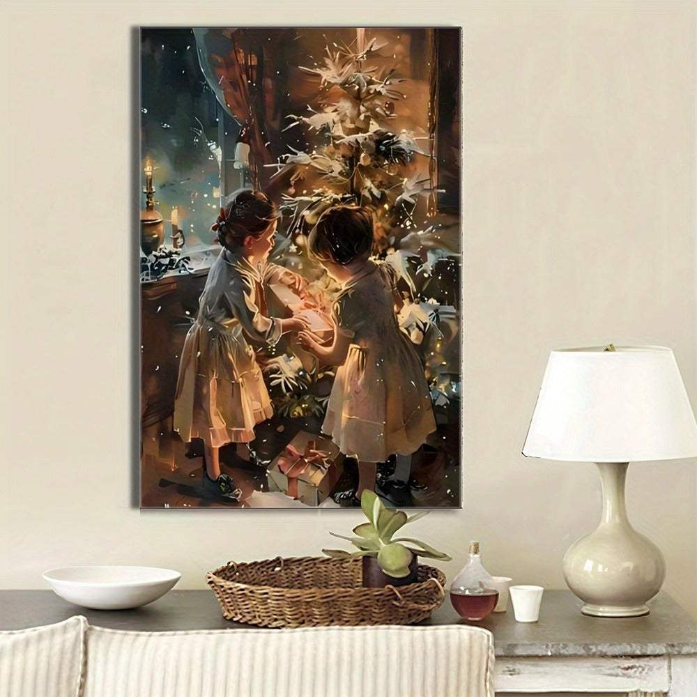 Holiday wrapped canvas painting of children decorating Christmas tree in pine frame hanging on living room wall