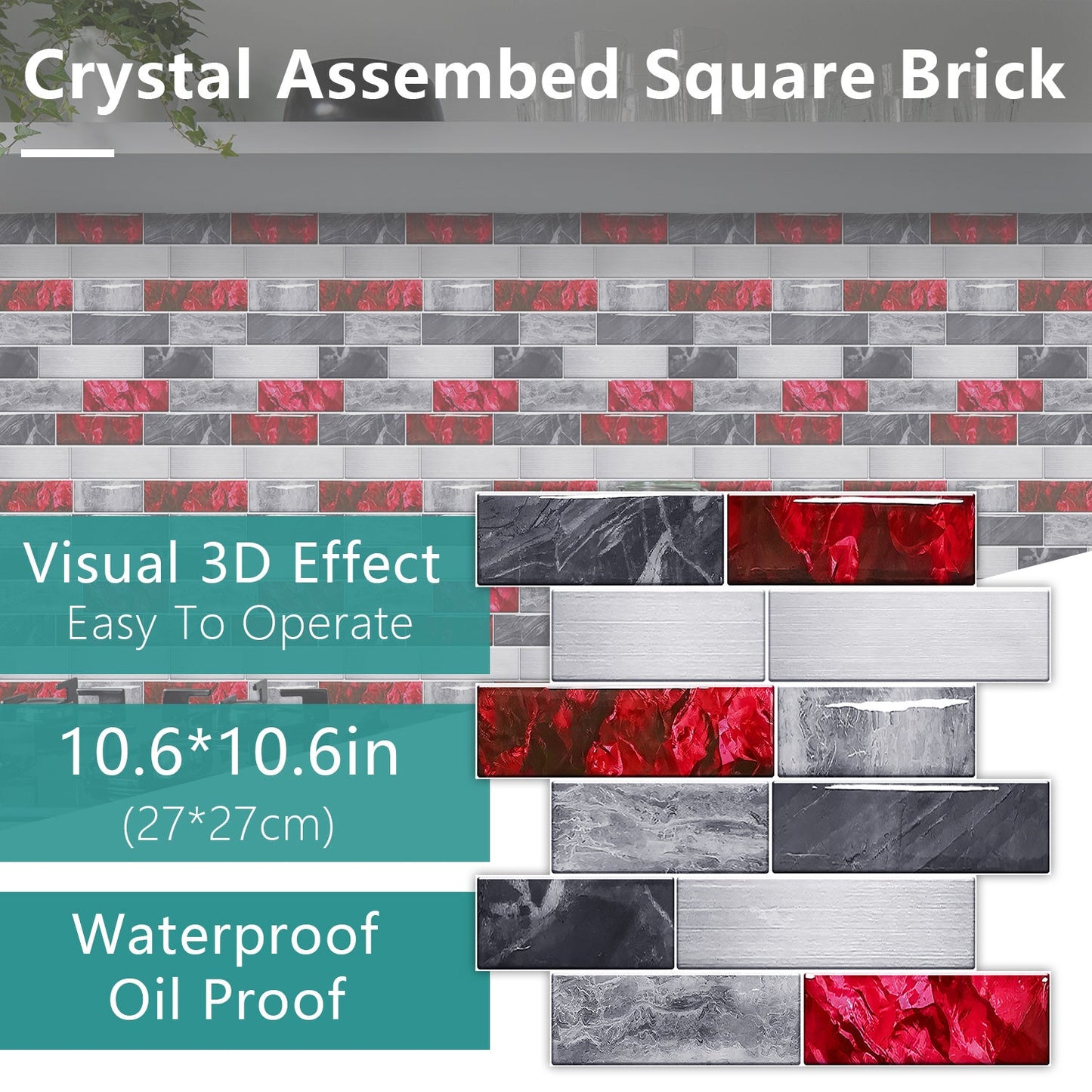 Red marble look peel and stick waterproof wallpaper tiles with 3D brick design for kitchen and bathroom decor