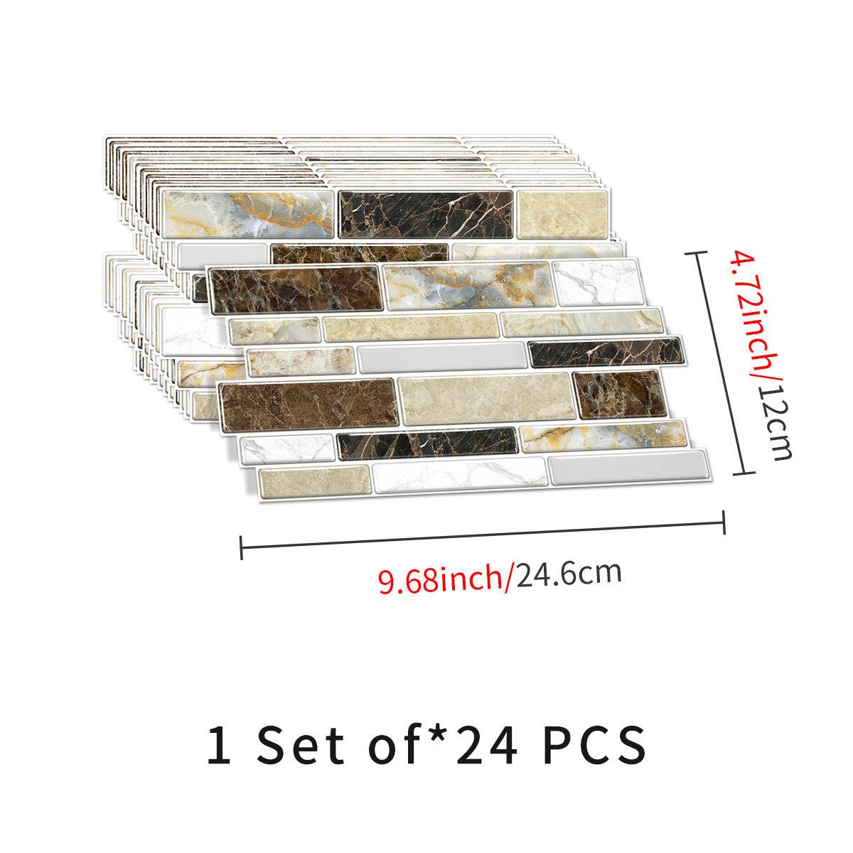 Imitation porcelain tile peel and stick backsplash set with waterproof and oil proof marble design, 24 pieces, 9.68x4.72 inches each.