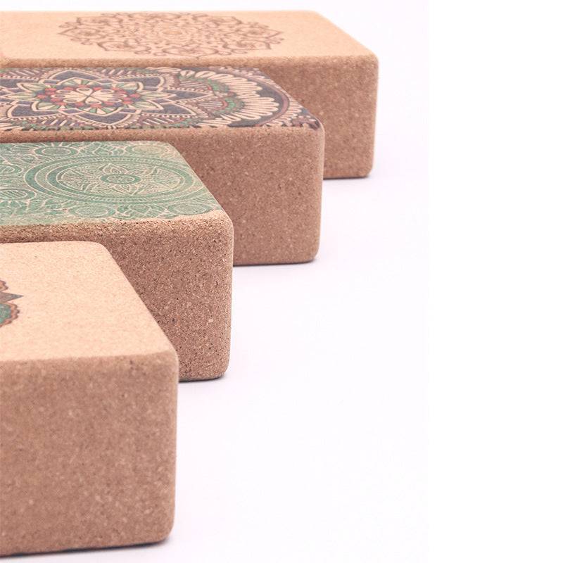 Set of cork yoga tiles with decorative mandala patterns for practice and fitness