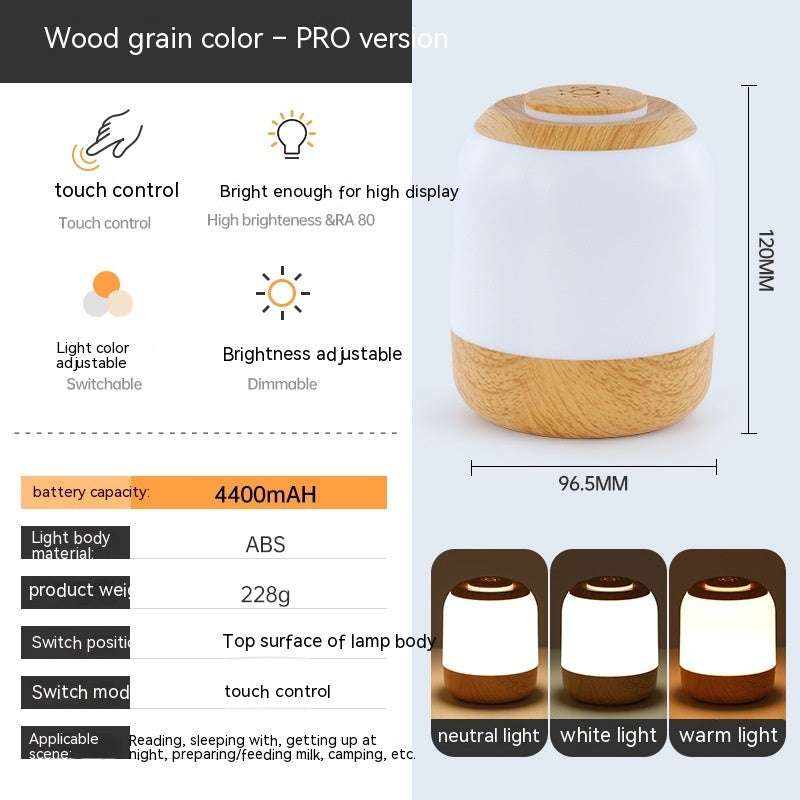Rechargeable touch LED small night lamp with wood grain base, adjustable brightness, and touch control for home decor and camping use.