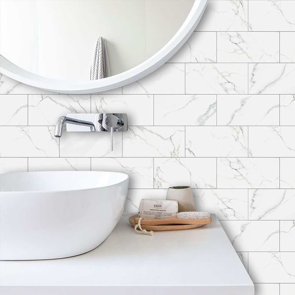 White marble look peel and paste splash-proof PVC adhesive wall tiles in bathroom setting