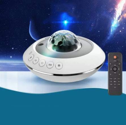 Small night light projector with rotating water ripple and flame effect, modern bedroom decor with remote control