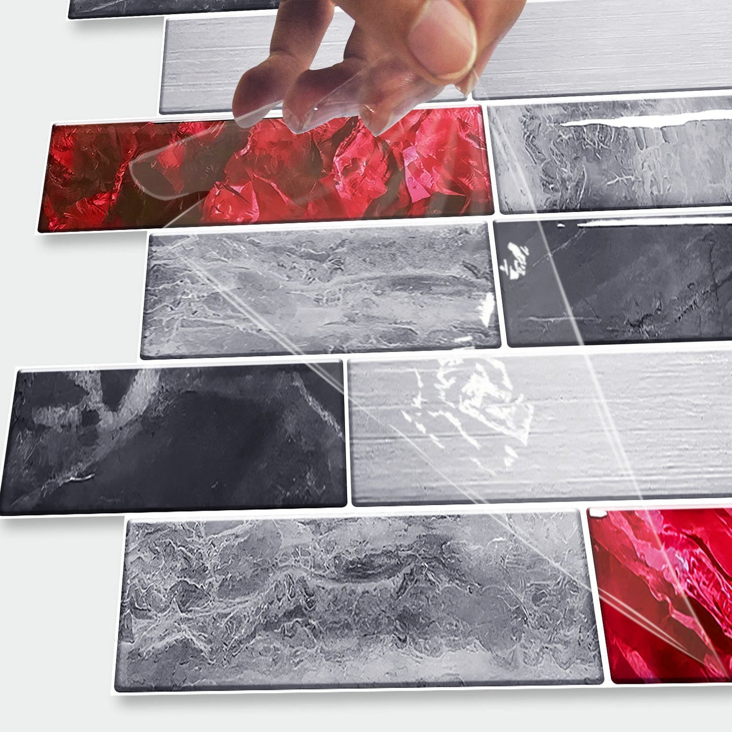 Red marble look peel and stick waterproof wallpaper tiles being applied with a hand