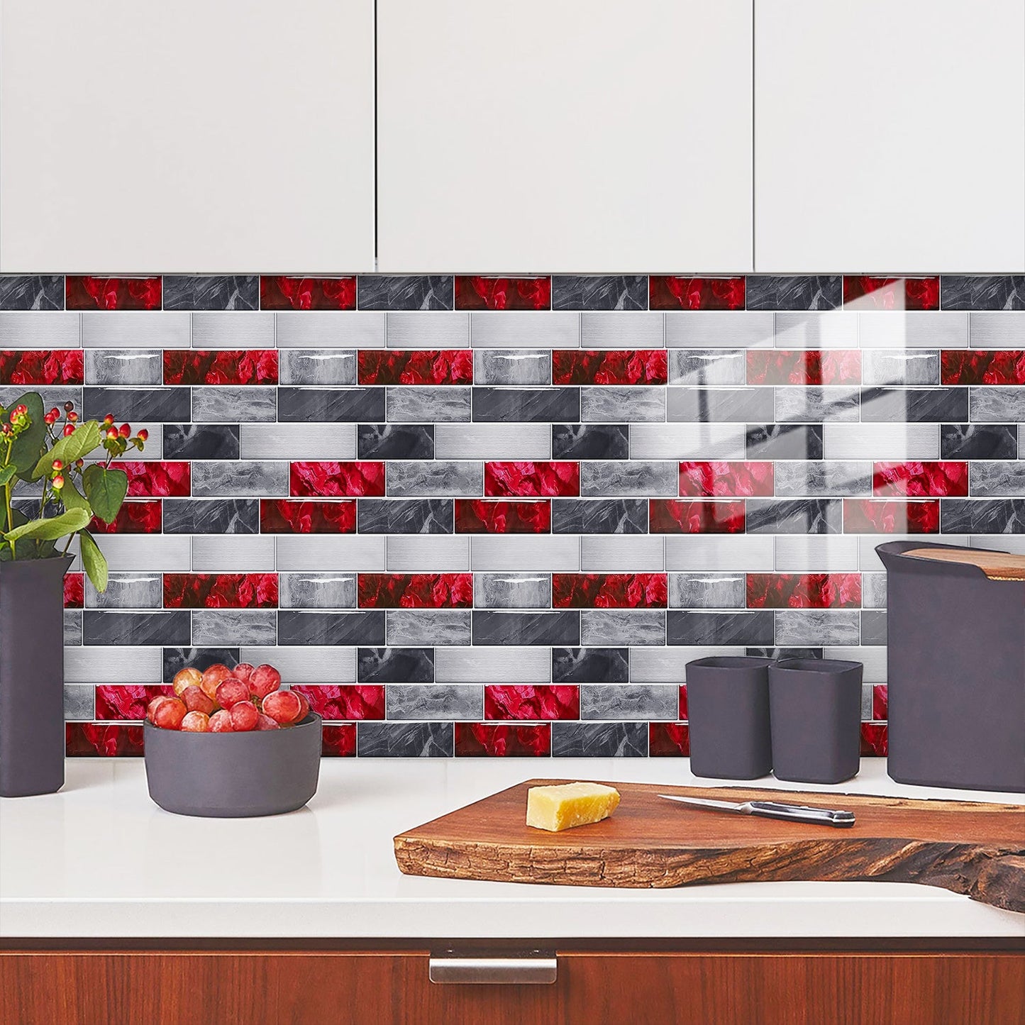 Red marble look peel and stick waterproof kitchen and bathroom backsplash wallpaper tiles
