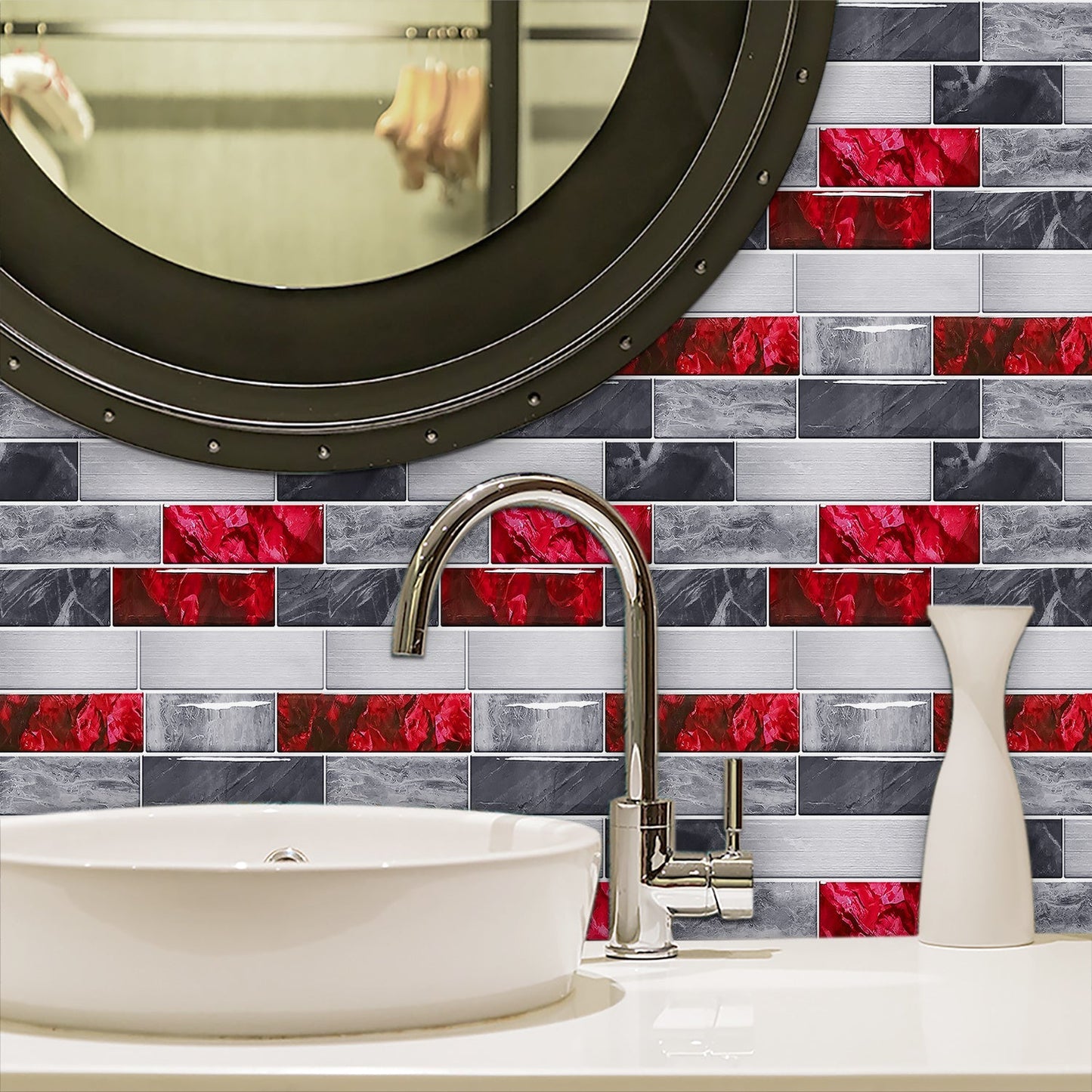 Red marble look peel and stick waterproof wallpaper tiles behind bathroom sink and mirror