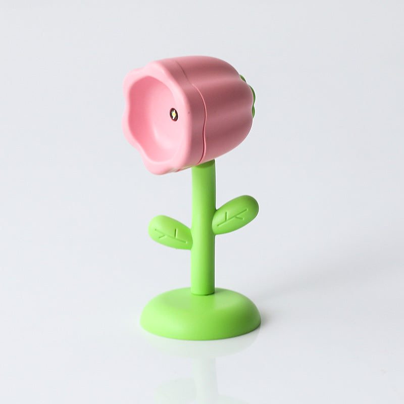 Mini magnetic small night lamp shaped like a pink flower with green stem and base home decor