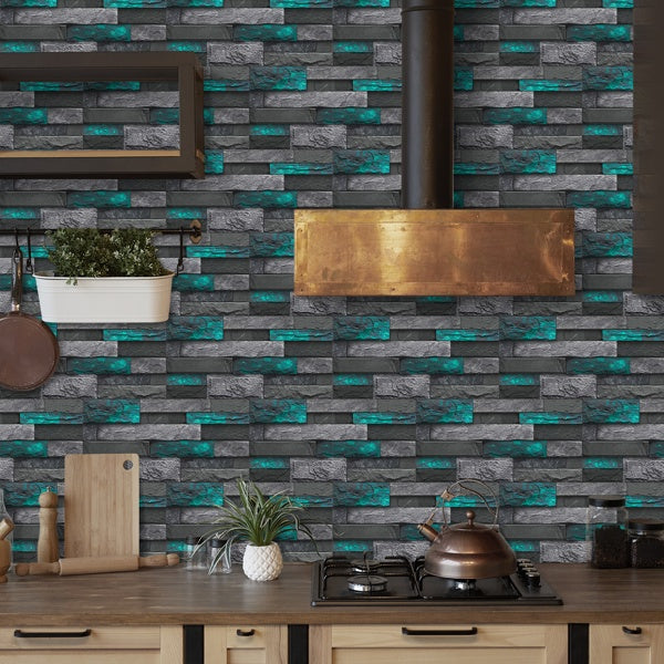 modern green marble stone tile peel and stick wallpaper on kitchen wall with wooden countertop and brass stove hood