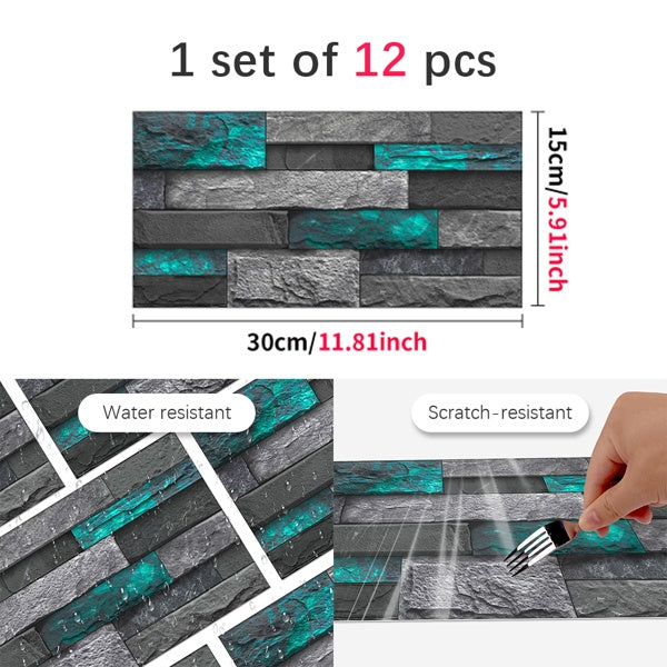 Modern green marble stone tile peel and stick wallpaper with water and scratch resistance, 12-piece self-adhesive wall sticker for home decoration