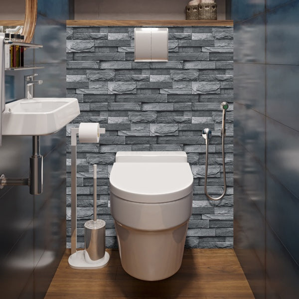 Bathroom with light grey imitation stone tile peel and stick wallpaper, self-adhesive and waterproof design
