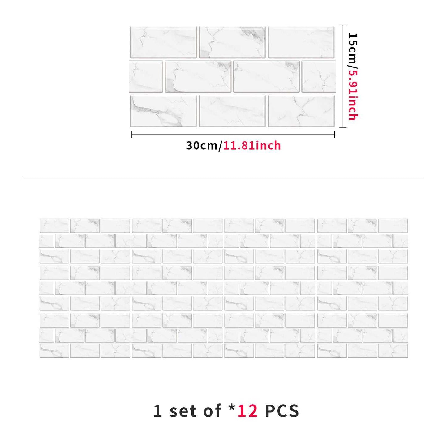 White marble look peel and stick wall tiles, self-adhesive, water and oil proof PVC, 12 pieces set