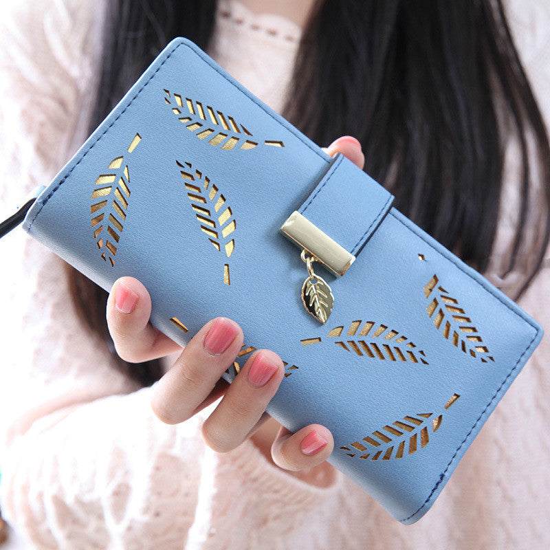 Blue women long wallet with hollow leaf design and zipper closure made of soft PU material