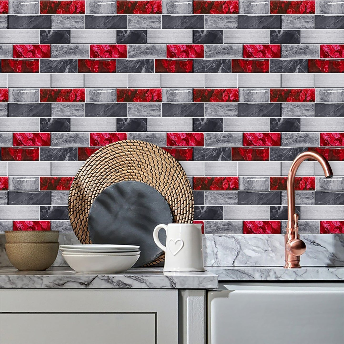 Red marble look peel and stick wallpaper tiles in kitchen backsplash with gray and red tones, waterproof and self-adhesive.